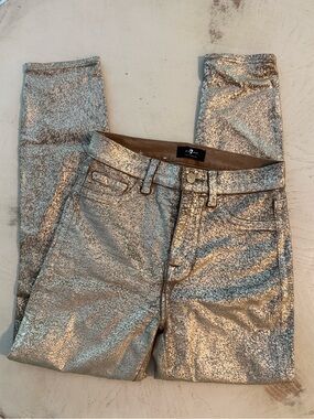 7 For All Mankind Gold Metallic Painted Straight Leg Jeans Sz 25